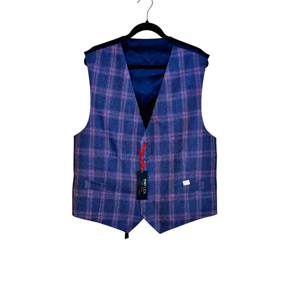 Tommy Hilfiger NWT Suit Vest Blue Red Plaid The Flex US XXL 100% Linen Formal